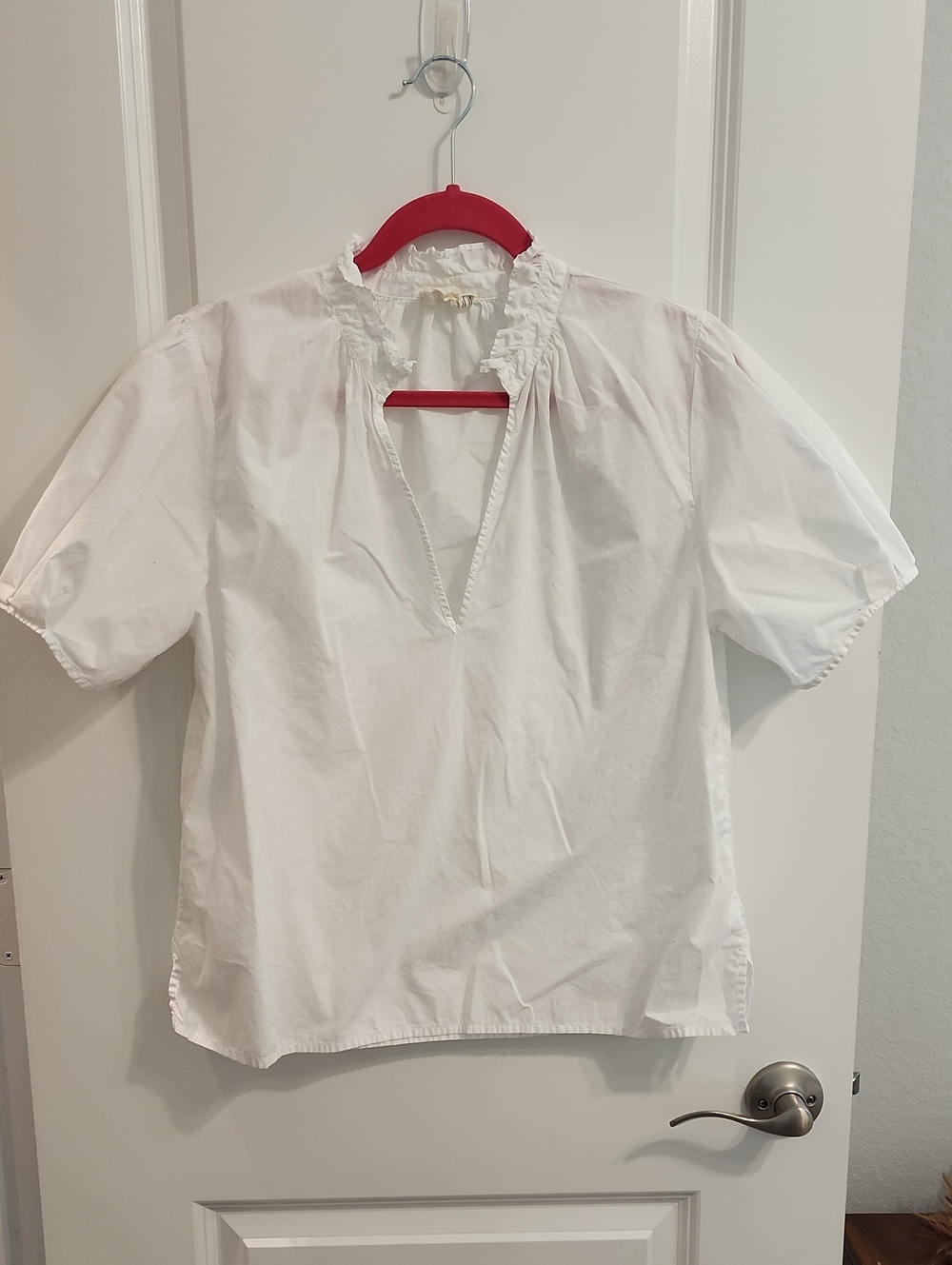 Nation LTD White Ruffle V-Neck Puff Sleeve Pima Cotton Blouse Medium